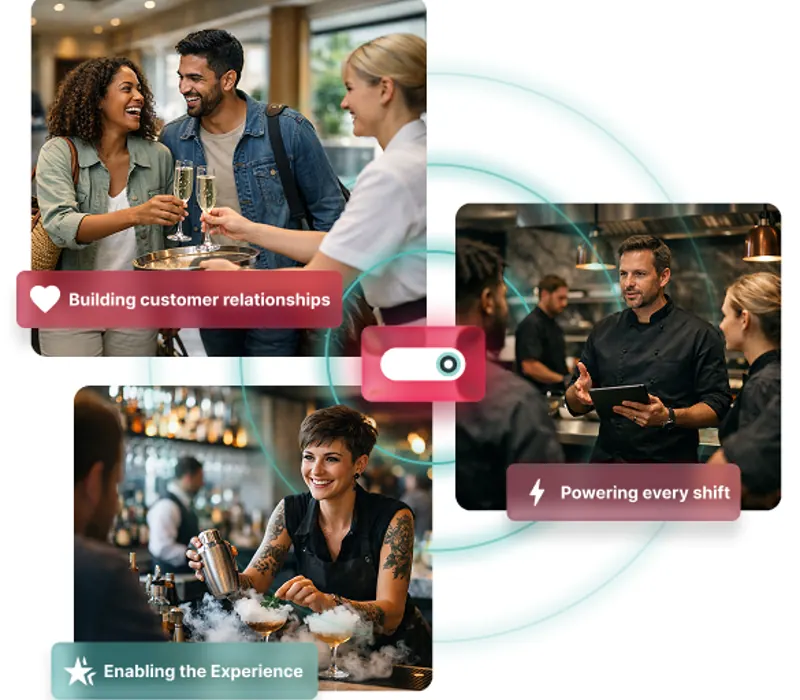 Three small photos of hospitality staff and guests in a bar and restaurant, arranged in a collage with feature chips