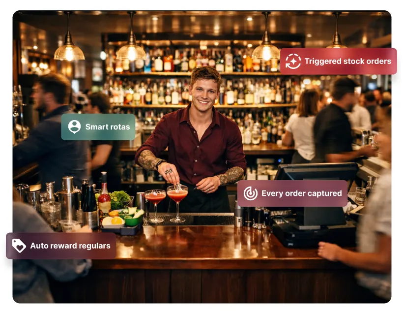 Bartender making cocktails behind a bar with floating software feature chips