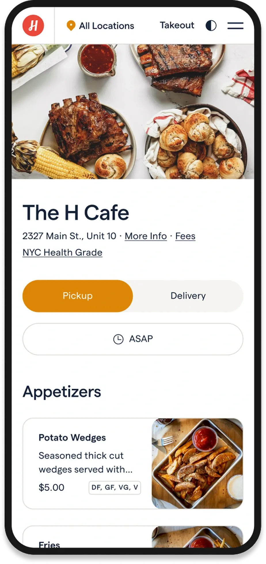 A restaurant’s ChowNow online ordering page on a phone