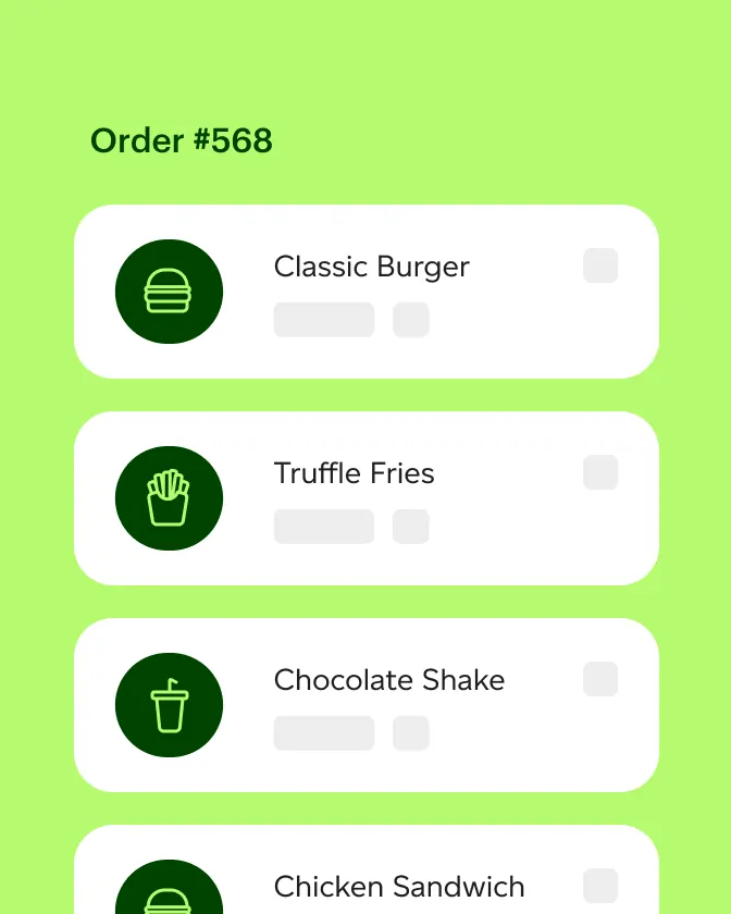 Order screen listing menu items such as a burger, fries and a milkshake on a green background