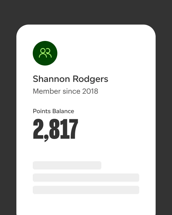 Loyalty screen showing a points balance on a dark card