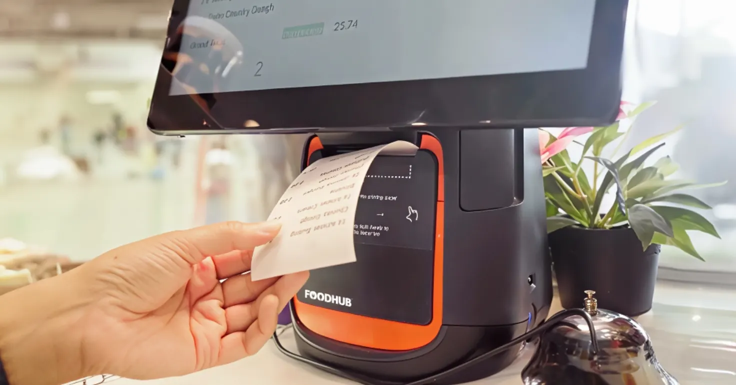 Hand taking a printed receipt from a Foodhub receipt printer at a POS