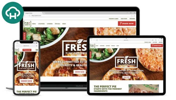 Pizza restaurant website shown on a laptop, tablet and phone