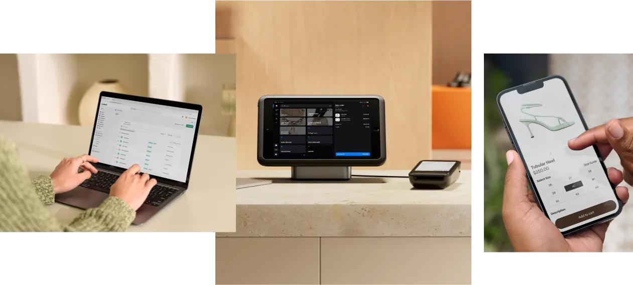 Laptop, countertop POS terminal and phone showing Shopify POS screens