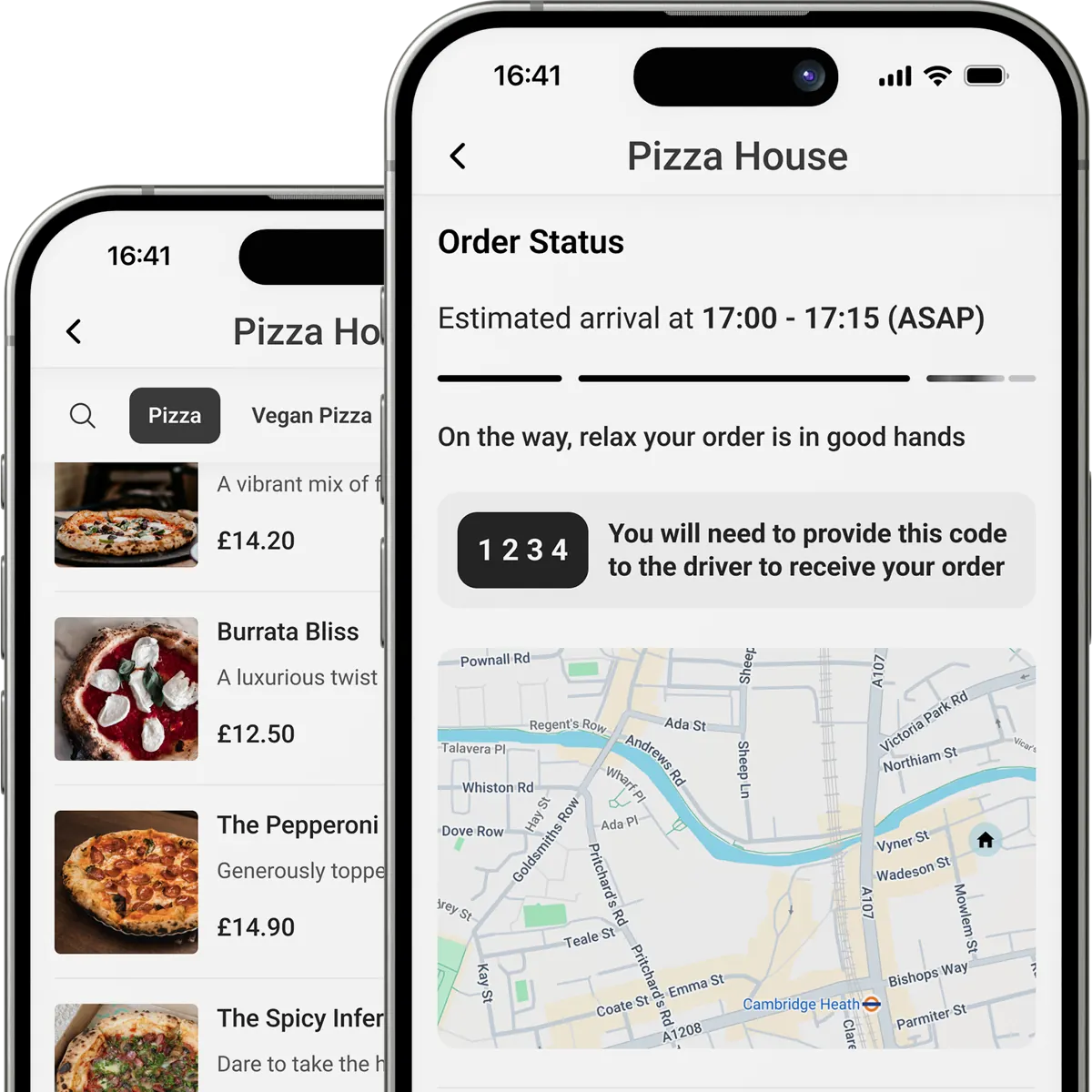 Two phones showing a pizza ordering app with order status and map