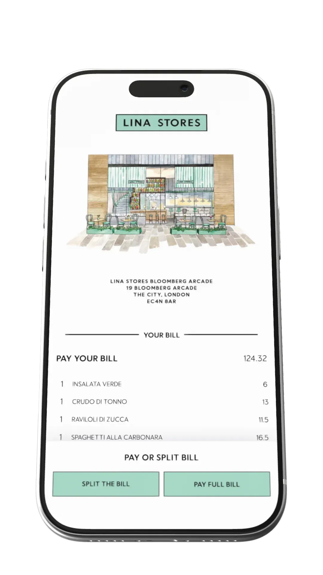 Phone showing a pay-your-bill screen with a split bill option