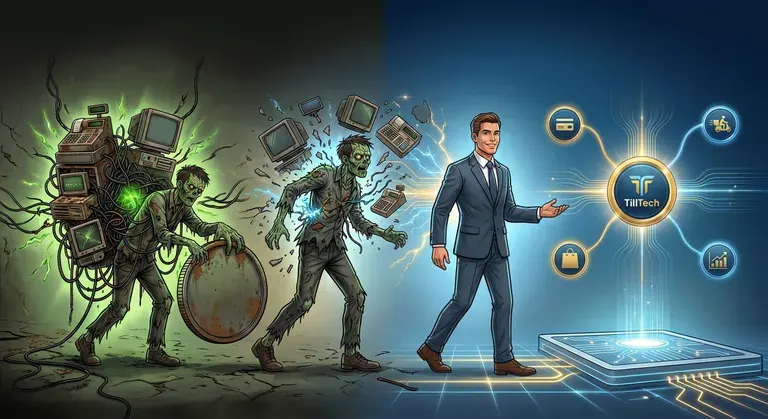 Cartoon of a businessman guiding old tangled machines toward a glowing TillTech logo