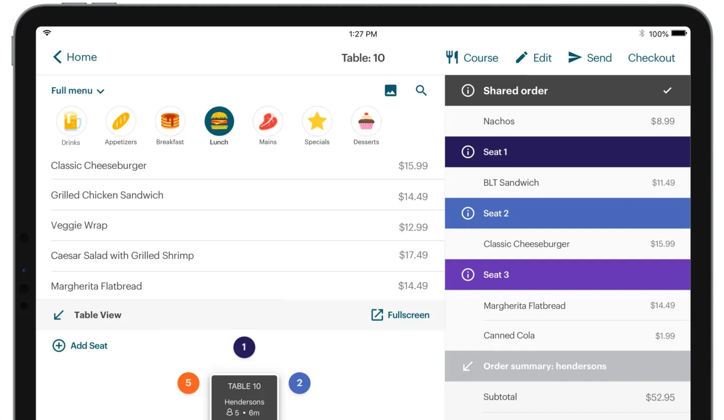 Tablet POS screen showing a table order with seats, menu categories and items
