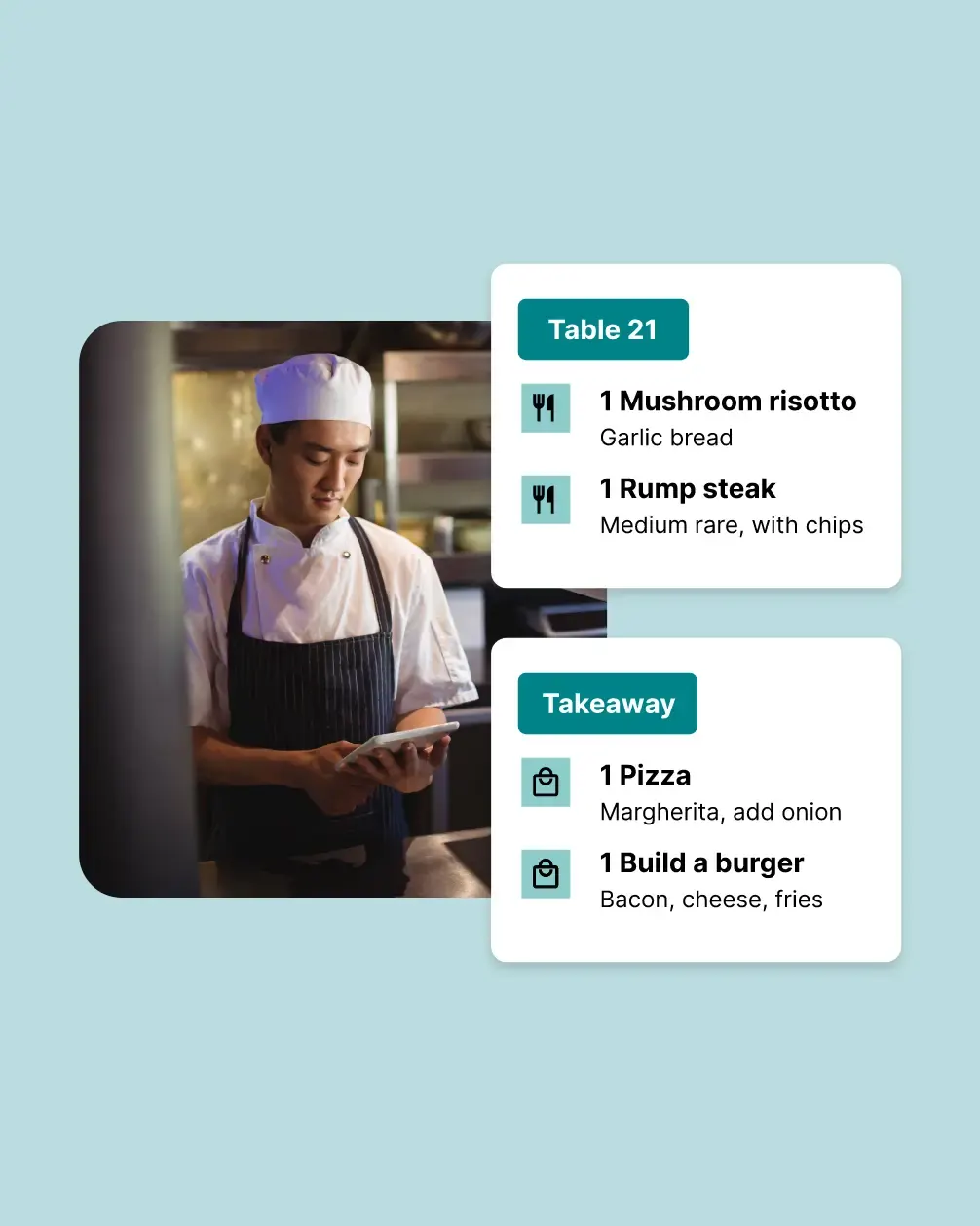 Kitchen order tickets for table and takeaway orders next to a chef holding a tablet